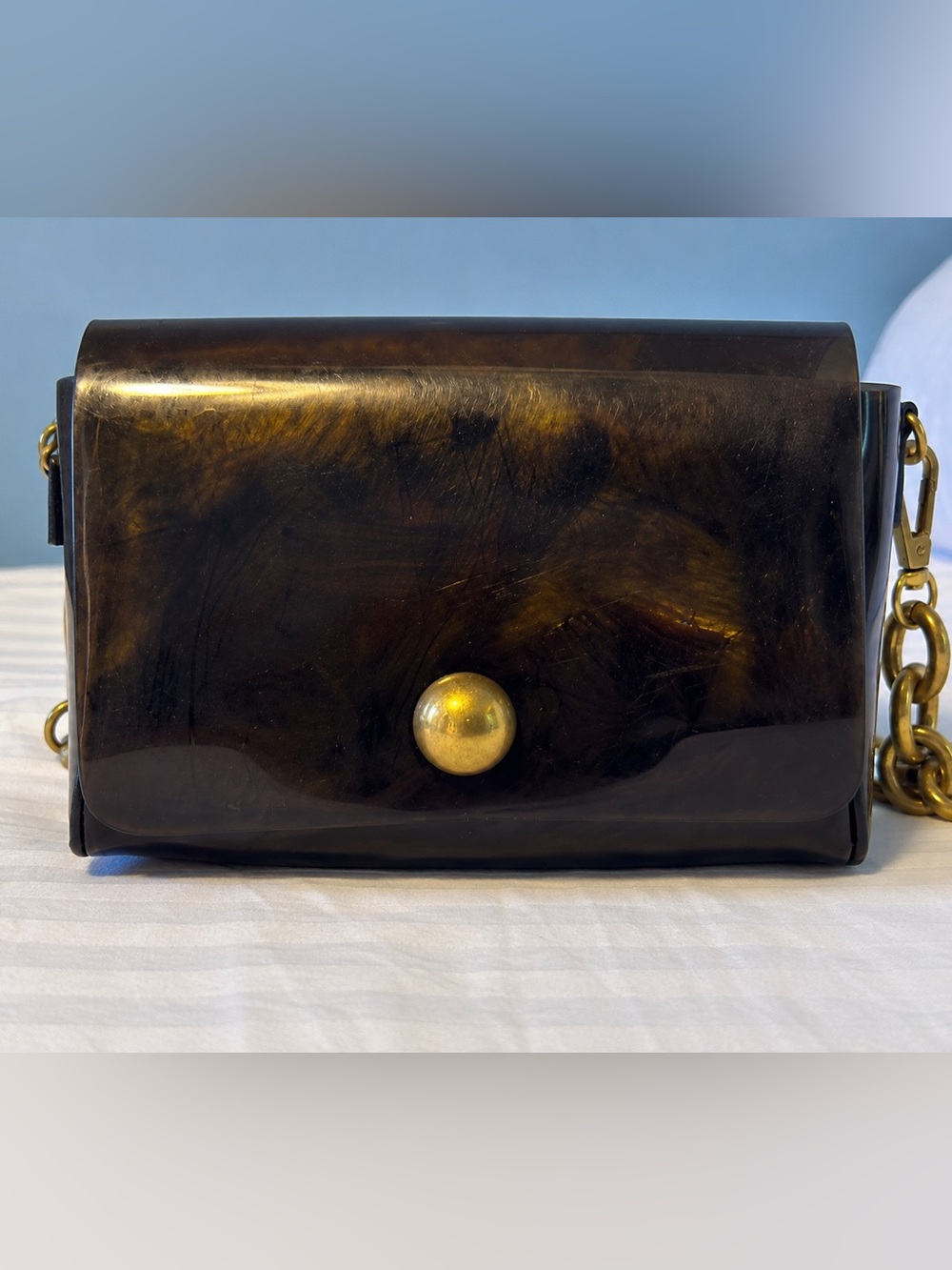 Black Patent Leather Shoulder Bag with Gold Chain